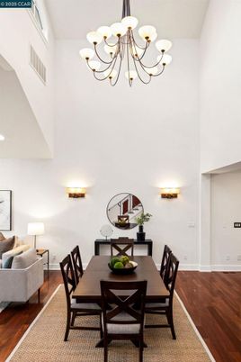 Chandelier, Dining room, Interior, Recessed Lighting, Wood Texture Flooring