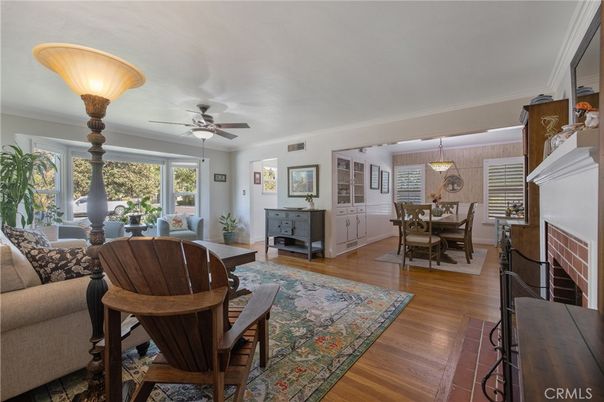Dining room, Fireplace, Interior, Living room, Pendant Lights, Wood Texture Flooring