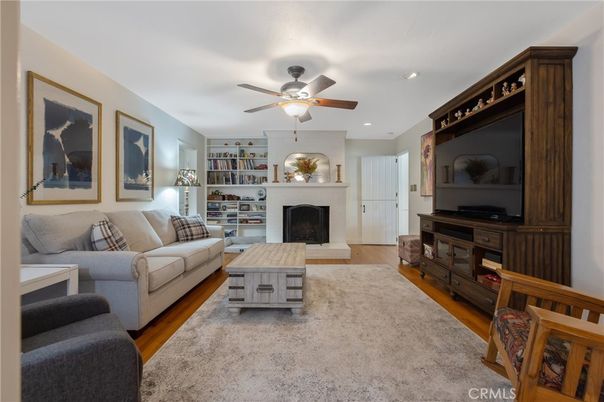 Fireplace, Interior, Living room, Recessed Lighting, Wood Texture Flooring