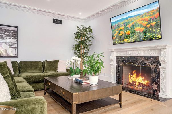 Fireplace, Interior, Living room, Recessed Lighting, Wood Texture Flooring