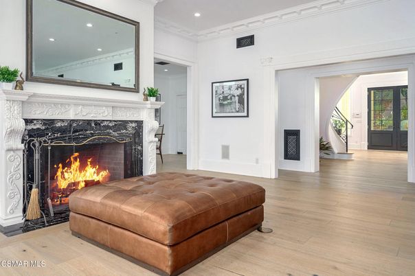 Fireplace, Interior, Recessed Lighting, Wood Texture Flooring