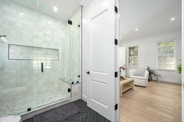 Bathroom, Glass Shower, Interior, Recessed Lighting, Wood Texture Flooring