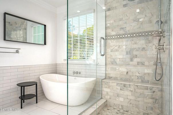 Bathroom, Free Standing Baths, Glass Shower, Interior, Marble Walls, Recessed Lighting