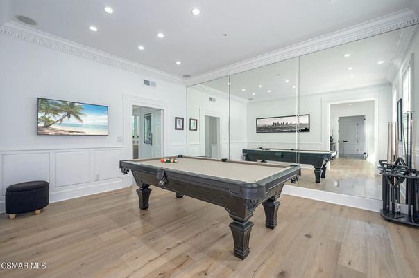 Billiard Table, Game Room, Interior, Pendant Lights, Recessed Lighting, Wood Texture Flooring