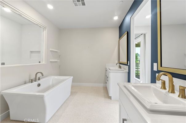 Bathroom, Dual Sink Vanities, Free Standing Baths, Interior, Recessed Lighting