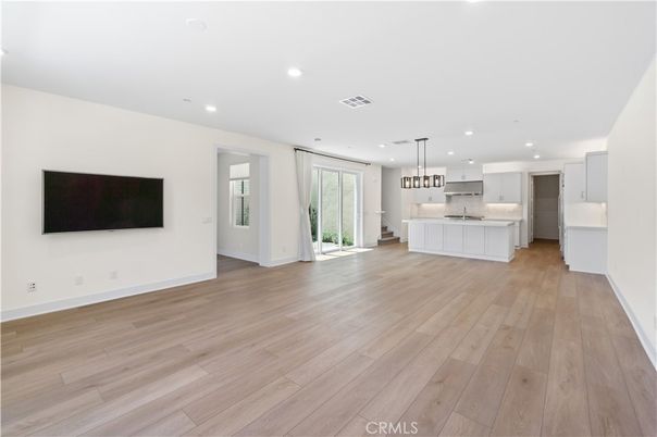 Empty room, Interior, Kitchen, Pendant Lights, Recessed Lighting, Wood Texture Flooring