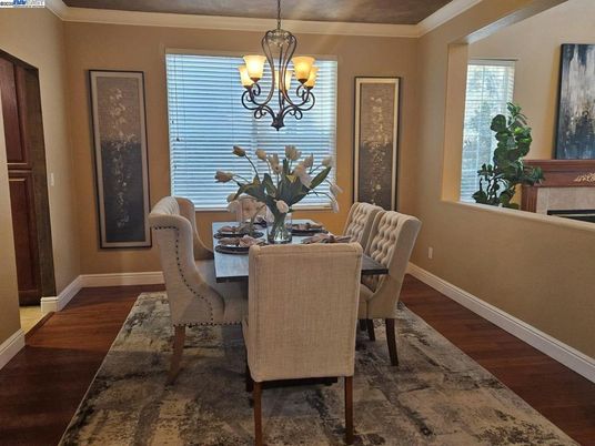 Chandelier, Dining room, Interior, Wood Texture Flooring