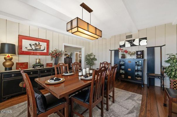 Dining room, Interior, Pendant Lights, Wood Texture Flooring