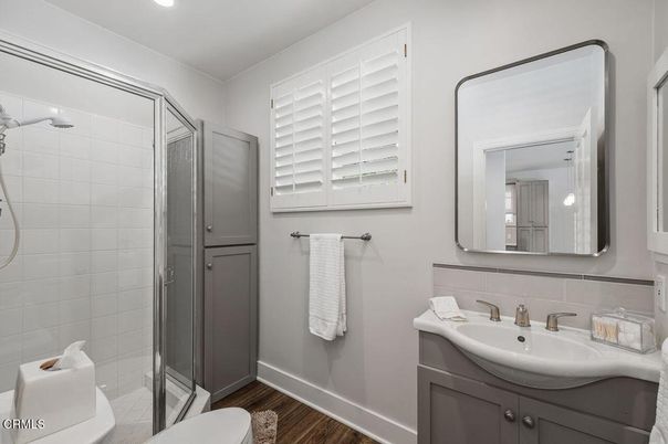 Bathroom, Glass Shower, Interior, Recessed Lighting, Wood Texture Flooring