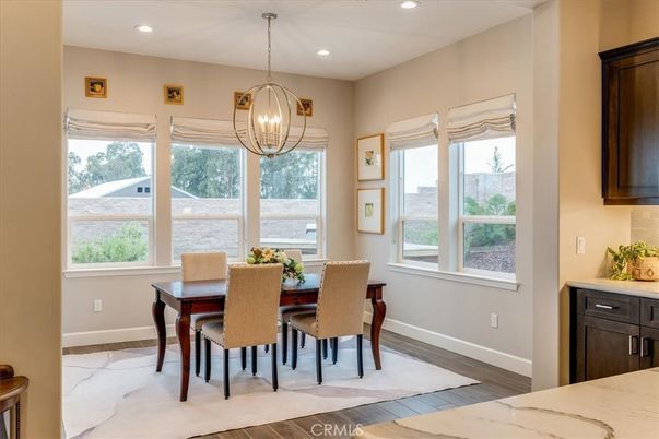 Dining room, Interior, Pendant Lights, Recessed Lighting, Wood Texture Flooring