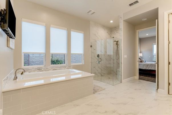 Bathroom, Bedroom, Glass Shower, Interior, Marble, Marble Walls, Recessed Lighting