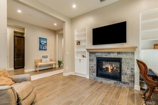 Fireplace, Interior, Recessed Lighting, Wood Texture Flooring