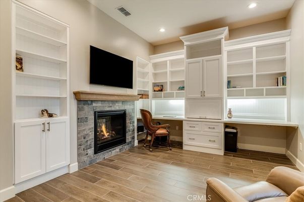 Fireplace, Home Office, Interior, Recessed Lighting, Wood Texture Flooring