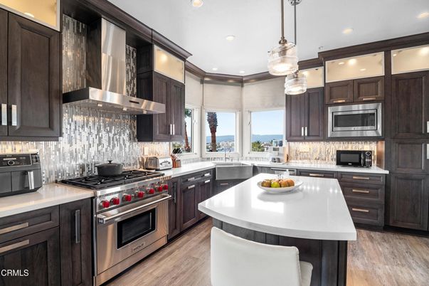 Interior, Kitchen, Pendant Lights, Recessed Lighting, Stainless Steel Appliances, Water, Wood Texture Flooring