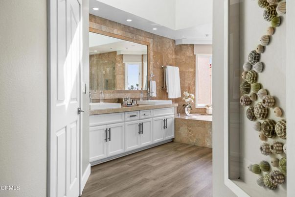 Bathroom, Dual Sink Vanities, Interior, Recessed Lighting, Wood Texture Flooring