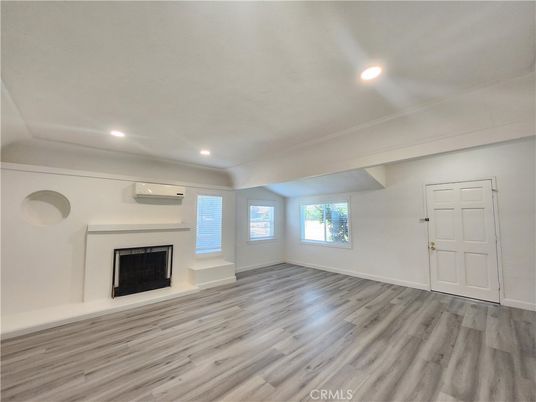 Empty room, Fireplace, Interior, Recessed Lighting, Wood Texture Flooring