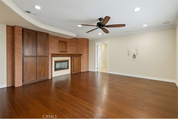 Empty room, Fireplace, Interior, Recessed Lighting, Wood Texture Flooring