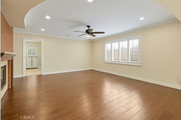 Empty room, Fireplace, Interior, Recessed Lighting, Wood Texture Flooring