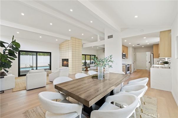 Dining room, Fireplace, Interior, Kitchen, Living room, Recessed Lighting, Wood Texture Flooring