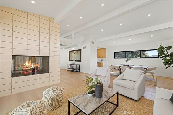 Dining room, Fireplace, Interior, Living room, Recessed Lighting, Wood Texture Flooring