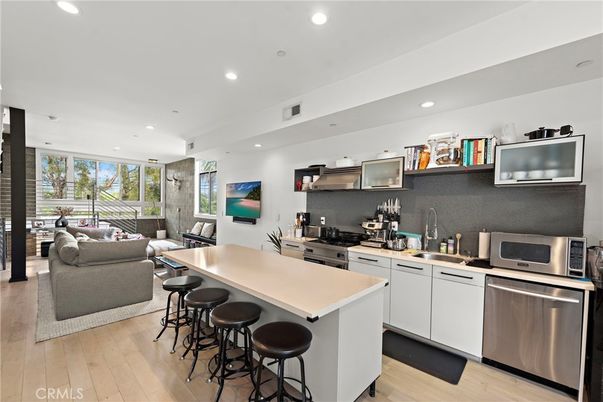 Interior, Kitchen, Living room, Recessed Lighting, Stainless Steel Appliances, Wood Texture Flooring