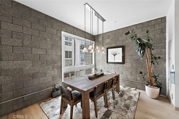 Dining room, Interior, Pendant Lights, Stone Walls, Wood Texture Flooring