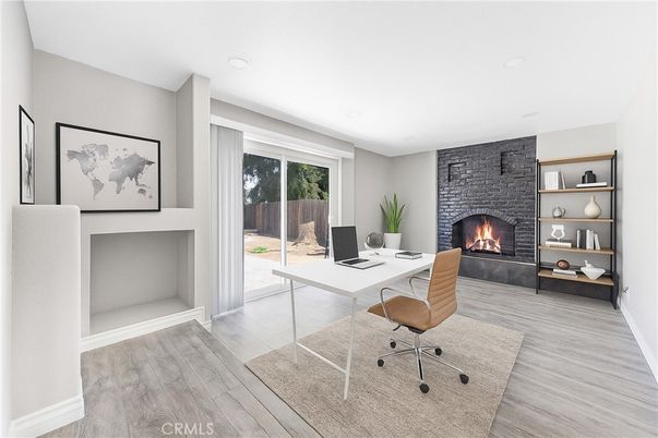 Fireplace, Home Office, Interior, Recessed Lighting, Wood Texture Flooring