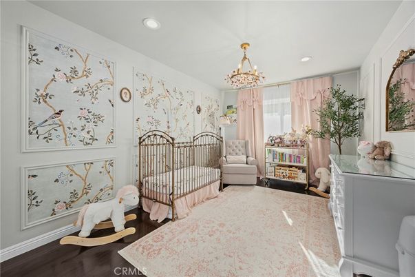 Bedroom, Chandelier, Interior, Recessed Lighting, Wood Texture Flooring