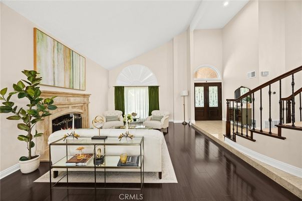 Fireplace, Interior, Living room, Recessed Lighting, Wood Texture Flooring