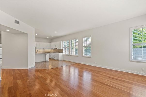 Empty room, Interior, Kitchen, Recessed Lighting, Wood Texture Flooring