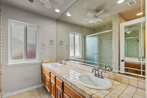 Bathroom, Dual Sink Vanities, Glass Shower, Interior, Recessed Lighting, Tile Countertops
