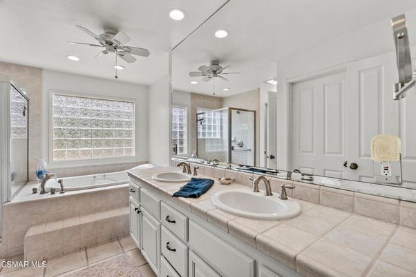 Bathroom, Dual Sink Vanities, Glass Shower, Interior, Recessed Lighting, Tile Countertops