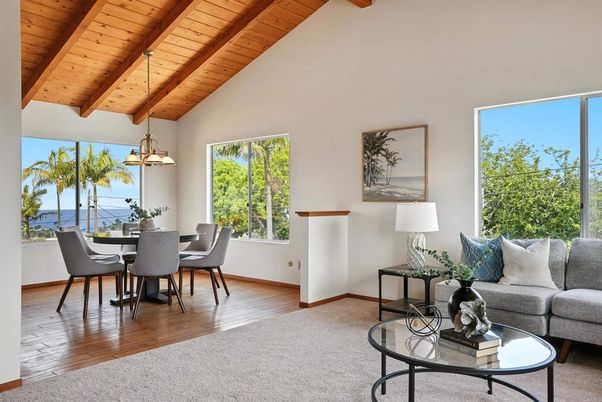 Dining room, Interior, Living room, Pendant Lights, Water, Wooden Beams, Wooden Ceilings, Wood Texture Flooring
