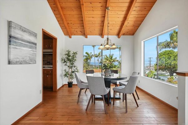 Dining room, Interior, Pendant Lights, Water, Wooden Beams, Wooden Ceilings, Wood Texture Flooring