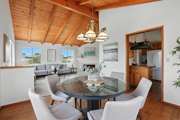 Chandelier, Dining room, Fireplace, Interior, Kitchen, Living room, Pendant Lights, Wooden Beams, Wooden Ceilings, Wood Texture Flooring