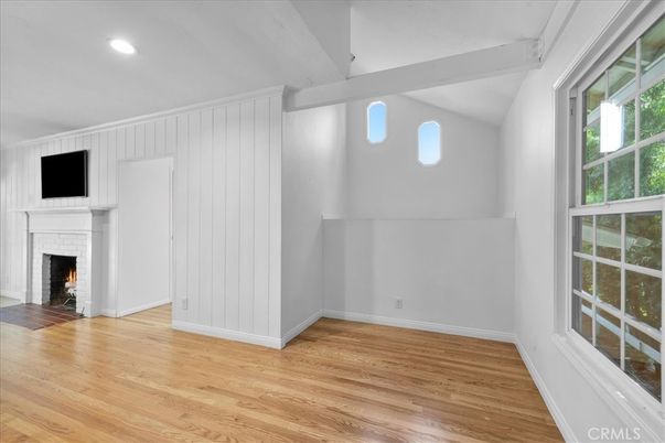 Empty room, Fireplace, Interior, Recessed Lighting, Wood Texture Flooring