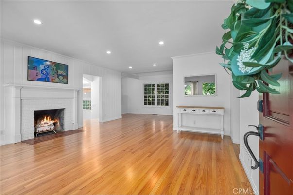Empty room, Fireplace, Interior, Recessed Lighting, Wood Texture Flooring