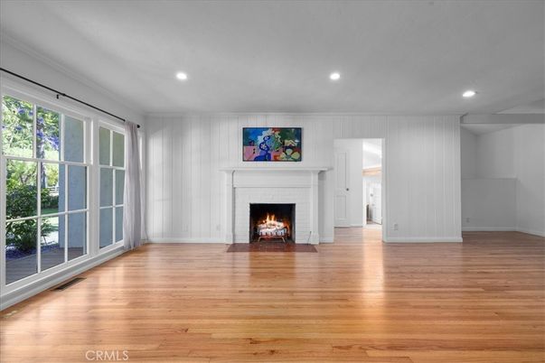 Empty room, Fireplace, Interior, Recessed Lighting, Wood Texture Flooring