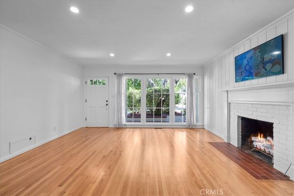 Empty room, Fireplace, Interior, Recessed Lighting, Wood Texture Flooring