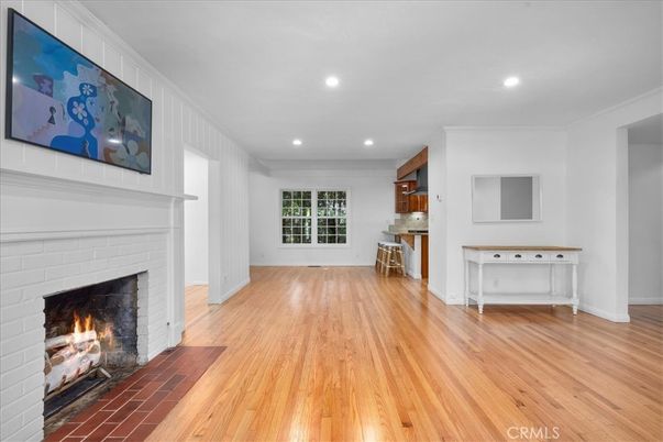 Empty room, Fireplace, Interior, Recessed Lighting, Wood Texture Flooring
