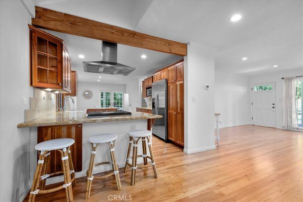 Interior, Kitchen, Recessed Lighting, Stainless Steel Appliances, Wooden Beams, Wood Texture Flooring