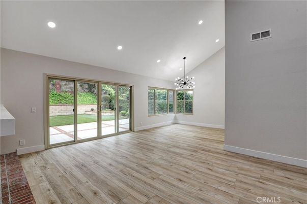 Empty room, Interior, Pendant Lights, Recessed Lighting, Wood Texture Flooring