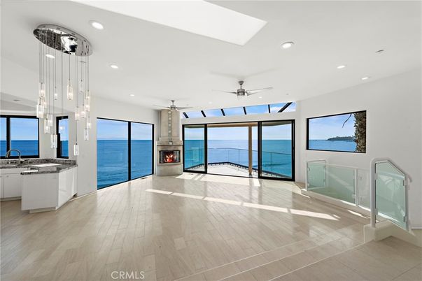 Fireplace, Interior, Kitchen, Pendant Lights, Recessed Lighting, Water, Wood Texture Flooring