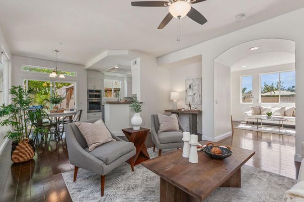 Dining room, Interior, Kitchen, Living room, Pendant Lights, Recessed Lighting, Stainless Steel Appliances, Wood Texture Flooring