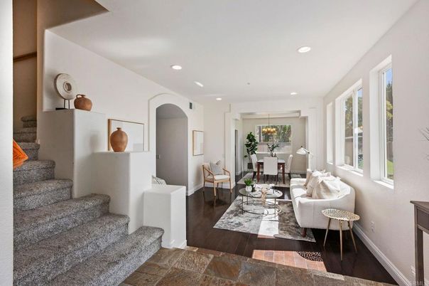 Dining room, Interior, Living room, Recessed Lighting, Wood Texture Flooring