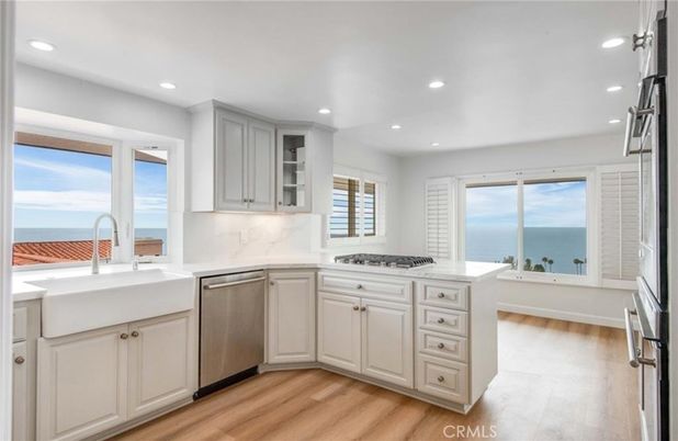Interior, Kitchen, Recessed Lighting, Stainless Steel Appliances, Water, Wood Texture Flooring