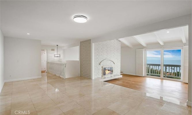 Empty room, Fireplace, Interior, Recessed Lighting, Water, Wood Texture Flooring