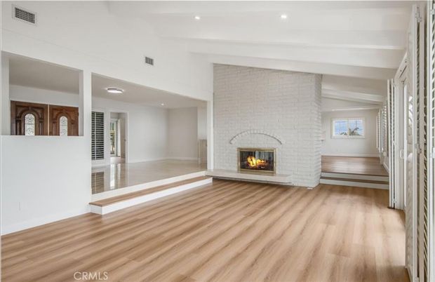 Empty room, Fireplace, Interior, Recessed Lighting, Wood Texture Flooring