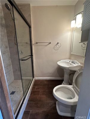 Bathroom, Glass Shower, Interior, Wood Texture Flooring