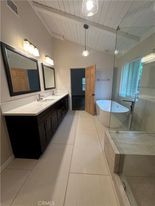 Bathroom, Dual Sink Vanities, Free Standing Baths, Glass Shower, Interior, Pendant Lights